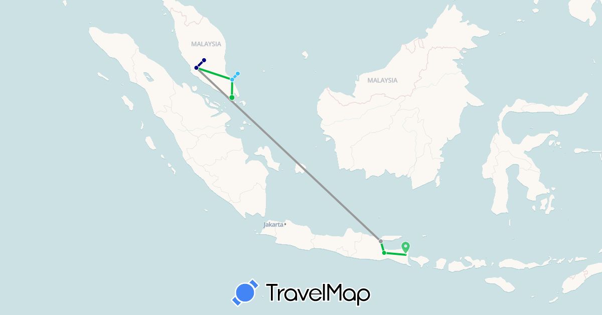 TravelMap itinerary: driving, bus, plane, boat in Indonesia, Malaysia, Singapore (Asia)
